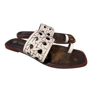 Tory Burch Basket Weave Toe Loop Slide Sandal Women size 7.5 Cream Leather